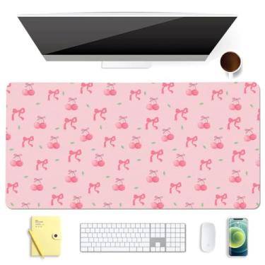 Imagem de BlHMCASE Lindo mouse pad de teclado para jogos estendido rosa cereja com laço de cereja, protetor de couro antiderrapante para mesa de escritório em casa, bloco de escrivaninha para laptop