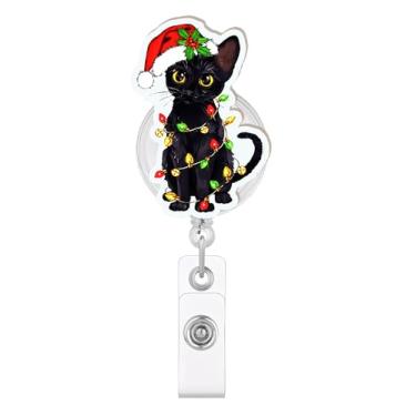 Imagem de Carretel de crachá engraçado de gato preto – Porta-cartão de identificação retrátil de Natal com luzes festivas, acessório de feriado para enfermagem, ensino e funcionários de escritório