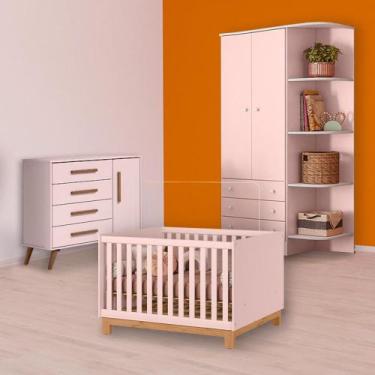 Imagem de Berço Mini Cama Slim, Cômoda Sapateira e Guarda Roupa Rosa - Qmovi