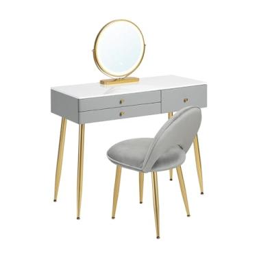 Imagem de Escrivaninha de penteadeira 1 conjunto de penteadeira maquiagem com espelho LED ajustável, 3 gavetas e banco veludo, para quarto(GRAY)