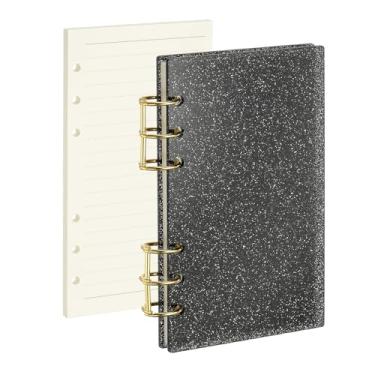 Imagem de PATIKIL Capa para caderno com 6 anéis, fichário acrílico com glitter A6, 2 anéis redondos de metal dourado com 90 folhas forradas, papéis internos para planejamento de viagem e escritório, preto