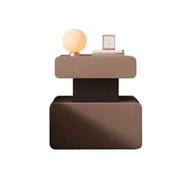 Imagem de Mesa de cabeceira de madeira pequena mesa de cabeceira marrom com gaveta dupla de couro para armazenamento irregular (pequena)