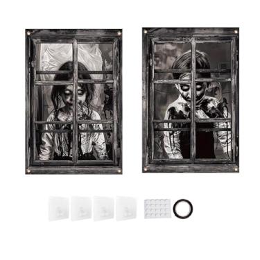 Imagem de Lilihuimaoyi Pacote com 2 Cortinas de Halloween, Pôster de Terror Assustador, Decorações para Festas de Halloween para Cozinha, Festival, Sala de Estar, com Ganchos de Fita Cola