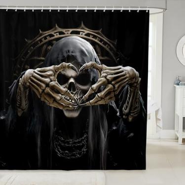 Imagem de Conjunto de cortina de chuveiro de esqueleto retrô, acessórios de banheiro de osso assustador gótico 183 cm L x 182 C, decoração vintage exótica gótica barroca antiga decoração esqueleto Halloween