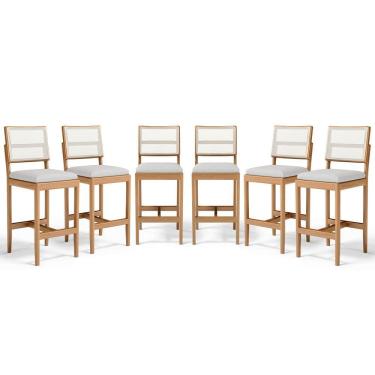 Imagem de Kit Com 6 Banquetas Milena Madeira Maciça Assento Estofado Encosto De Tela Sintética