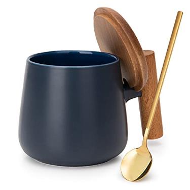 Imagem de GOOD ALWAYS Caneca de café de cerâmica, xícara de chá para escritório e casa, copos de café de 400 ml com tampa de madeira e colher de café dourada, presentes de aquecimento de casa para nova casa, 1 pacote (azul royal)