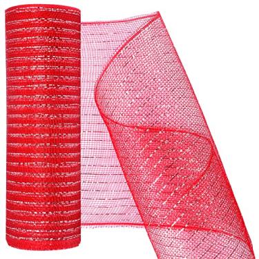 Imagem de MIKIMIQI Deco Mesh Fita de malha decorativa de 25,4 cm x 7,6 m com fita decorativa de folha metálica para grinaldas de primavera, grinaldas, artesanato, decoração de festa (vermelho prata)