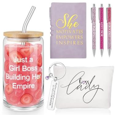 Imagem de SiliFine Conjunto de 7 peças de presente roxo para mulheres Her Lady Thank You Gifts Best Boss 473 ml, copo de vidro, bolsa de maquiagem, chaveiro A6, bloco de notas com 3 canetas esferográficas, para