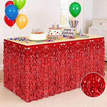 Imagem de Pacote com 2 saias de mesa, saia de grama vermelha para mesa, saias de mesa onduladas metálicas de Natal, saias de cortina de mesa para formaturas, casamentos, aniversários, decorações de festa