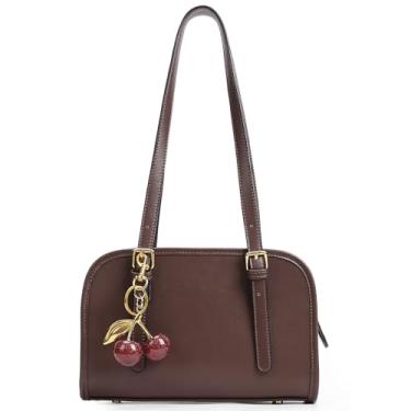 Imagem de Bolsa de ombro vermelha para mulheres, bolsa de couro, com zíper, bolsa bordô, com pingente de cereja, Café