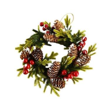 Imagem de Guirlanda Decorada Natal Rústica Pinhas e Azevinhos Nevados 25cm Verde