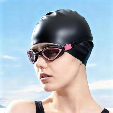 Imagem de Toucas de natação de silicone duráveis para mulheres, homens e adultos, fáceis de colocar e tirar, chapéus de natação impermeáveis para manter o cabelo seco (preto)