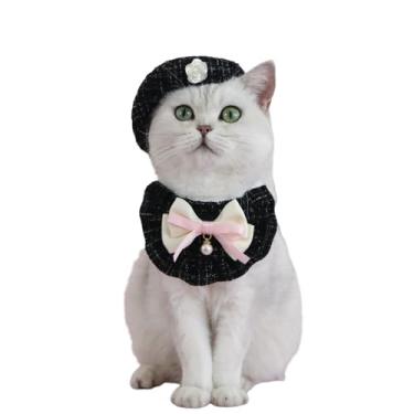 Imagem de Conjunto de chapéu de boina de flor para animais de estimação com gravata borboleta e babador de renda, design floral para uso diário, festas de aniversário, adereços para fotos, laço, preto