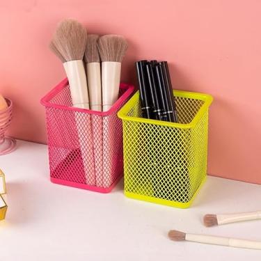 Imagem de Suporte de caneta para mesa, lápis quadrado colorido de malha de arame e porta-copos de pincel de maquiagem para casa, escritório, escola, organizador de mesa e material de escritório, verde