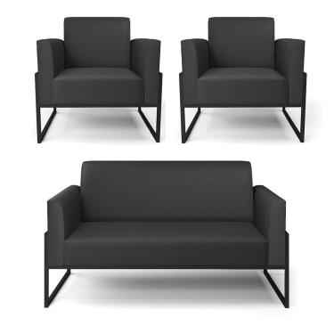 Imagem de Sofá Namoradeira Com 2 Poltronas Base Industrial Alta Preto Marisa Corino D03 - D\'rossi Cor Preto