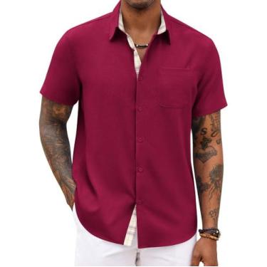 Imagem de Camisa masculina COOFANDY de linho de manga curta vermelha vinho