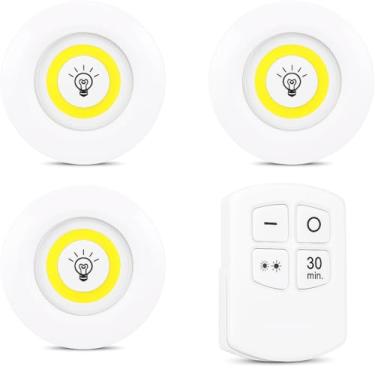 Imagem de Luminária LED Sem Fio com Controle Remoto, Kit 3 Unidades, Branco Frio, 9x7x2.1cm, Polipropileno, Bateria AAA, Ajuste de Brilho, Timer 30 Minutos, Fixação Dupla Face