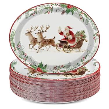 Imagem de Pajean 100 peças de pratos de papel de Natal a granel Papai Noel a caminho pratos ovais resistentes 23 cm x 28 cm descartáveis grandes utensílios de mesa de sobremesa de Natal para festas de fim de