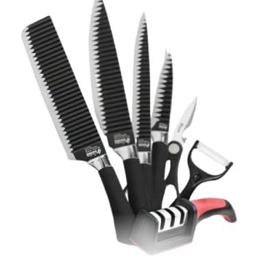 Imagem de Conjunto Profissional de Facas de Cozinha, 7 Peças, Aço Inoxidável com Revestimento Antiaderente, Inclui Amolador, Tesoura e Descascador