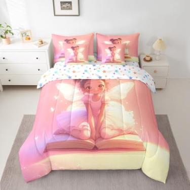 Imagem de Lindo conjunto de cama de fada em um saco, 7 peças, Queen, rosa, dégradé para meninas, crianças, conjunto de edredom com lençol kawaii, para decoração de quarto de princesa rosa