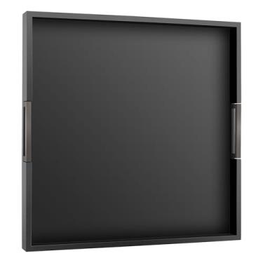 Imagem de Bandeja grande quadrada para sala de estar e mesa de centro, bandeja decorativa de madeira de 55 cm com alças para café da manhã na cama, jantar comida cozinha TV (preta, 56 x 56 cm x 5 cm)