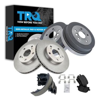 Imagem de TRQ Pastilha de freio dianteiro e traseiro e rotor, kit de sapata e tambor semi-metálico compatível com Toyota Camry 1997-2000 1999-2001 Solara