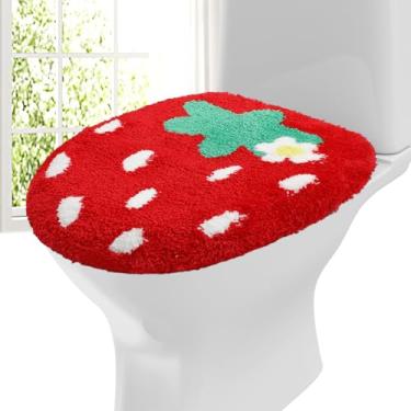 Imagem de FYSUIMU Capa de assento de vaso sanitário de morango vermelha linda flor de fruta macia tampa de vaso sanitário com suporte de borracha ajustável para banheiro, aniversário, chá de bebê, decoração de
