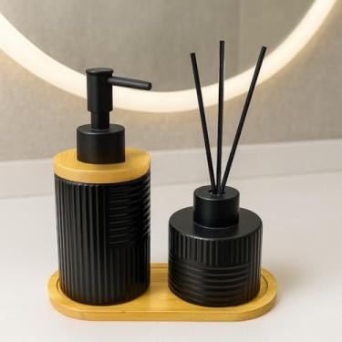 Imagem de Kit Banheiro Lavabo Porta Sabonete Líquido Dispenser com Porta Escova em Cerâmica Elegante(PRETO DIFUSOR LISO)