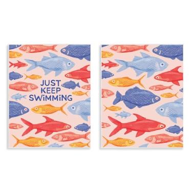 Imagem de Stupell Industries Just Keep Swimming Motivating Fish Conjunto de arte de placa de parede de 2 peças, design por The Paper Curator, 14 x 11