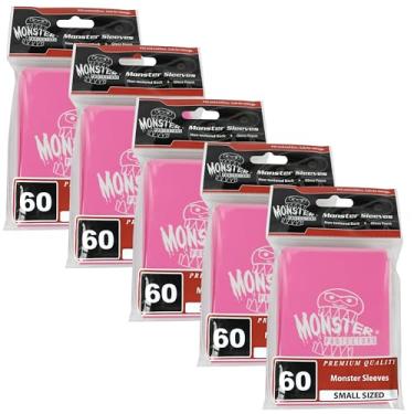 Imagem de Monster Protectors Mangas rosa tamanho pequeno acabamento brilhante com logotipo monstro - 300 unidades - compatível com Yugioh e outras cartas de jogos de tamanho menor, troca e colecionáveis