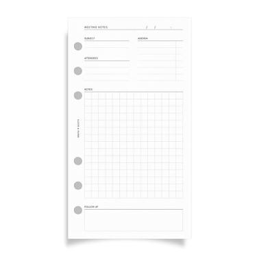 Imagem de Inserções de agenda de notas de reunião – pessoal, 15 páginas (30 dupla face), sem data, papel pesado perfurado com 6 furos com data/hora, assunto, agenda, participantes, notas e campos de