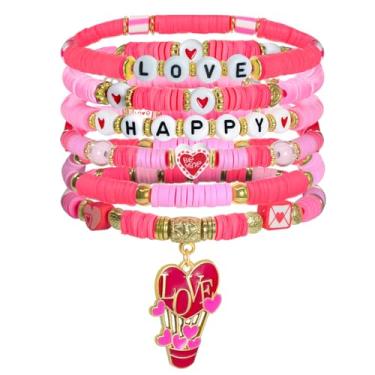 Imagem de mintolex Presente de dia dos namorados para ela vermelho rosa amor coração heishi letra frisada conjunto de pulseiras para amigas, namorada, esposa, irmã, galentinas, mulheres, 6.7, Sem Pedra Preciosa
