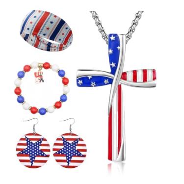 Imagem de Conjunto de joias patrióticas com colar de cruz da bandeira americana, pulseira, brincos e acessório de cabelo, vermelho, branco, azul, Adjustable, Metal, Sem Pedra Preciosa