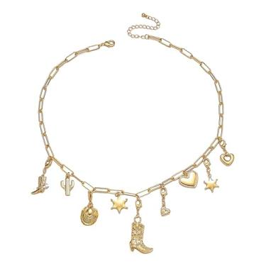 Imagem de SPARKLAURA Colar com pingente de ouro para mulheres, joia ocidental, boho, vaqueira, costeira, caubói, pingente de ferradura, bota, coração, estrela, cacto, berloques, corrente grossa, clipe de papel