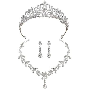 Imagem de Tiara de casamento de prata com cristais falsos, design floral vazado, conjunto completo de joias com colar e brincos
