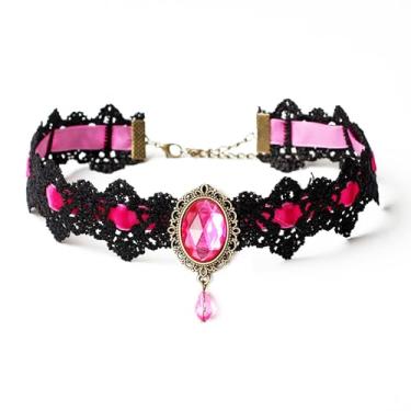 Imagem de BOOZIQ Gargantilha de renda preta gótica de Halloween para mulheres, gótico, preto, vermelho, cristal, gargantilha, acessórios de vampiro, acessórios de emoção, bruxa, Victoria, vampiro, veludo, colar