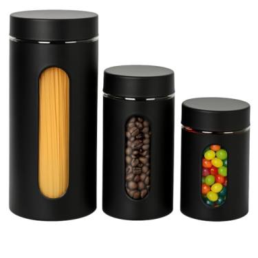Imagem de Kit Jogo de 3 Potes de Vidro com Visor, Revestimento em Aço Inox, Conjunto 3 Peças 850/600/370ml, Hermético, Porta Mantimentos e Organização de Cozinha- Cor Preto