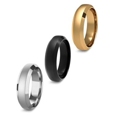 Imagem de VanSabrina Conjunto de 3 anéis de aço inoxidável para homens e mulheres, superfície fosca chanfrada borda polida aliança de casamento 8 mm de largura, Aço inoxidável, Sem pedra preciosa