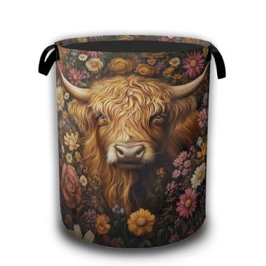 Imagem de Cesta de lavanderia de flores vintage, cesto de roupa suja de vaca Highland impermeável, bolsa dobrável, balde de armazenamento de roupas, organizador de brinquedos decorativos para banheiro, quarto