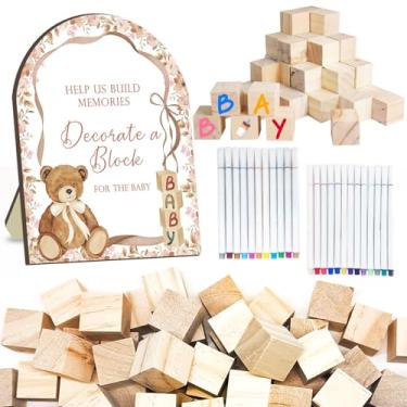 Imagem de Kit de jogos de chá de bebê, urso de pelúcia, decoração de chá de bebê, fita floral para bebês com 50 blocos de madeira em branco, 24 marcadores de tinta acrílica e decoração de um bloco de madeira