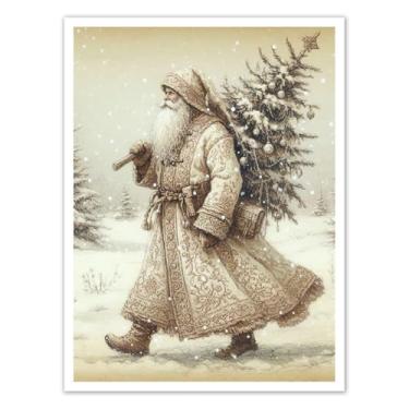 Imagem de Annual Ring Decoração de arte de parede em tela de Natal vintage Papai Noel carregando a árvore de Natal decoração de parede de Natal emoldurada/pôster grande impressões de arte de Natal 61 x 91 cm