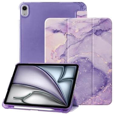 Imagem de Capa para iPad (A16) 11ª geração 2025, iPad 10ª geração de 10,9 polegadas 2022 com suporte para lápis, capa protetora leve e tripla com capa traseira translúcida de policarbonato rígido, roxo mármore