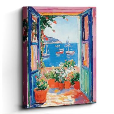 Imagem de Arte de parede de janela mediterrânea, veleiros mar azul, decoração de parede costeira, impressão em tela laminada sem moldura, pôster de viagem, para presente de inauguração de casa da sala de estar