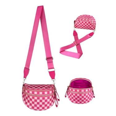 Imagem de Bolsa transversal quadriculada para mulheres, bolsas de nylon xadrez com grande capacidade, bolsa de cintura com 4 bolsos, pochete com alças de ombro ajustáveis, para trabalho, festa, viagem, Preto