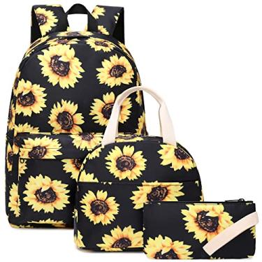 Imagem de Kouxunt Mochilas escolares para meninas e adolescentes, conjunto de mochilas escolares 3 em 1 com lancheira e estojo para lápis, Girassol, Mochila, casual