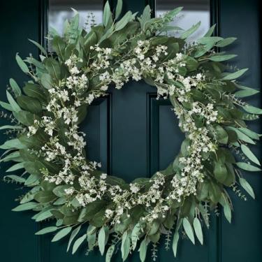 Imagem de Guirlanda de flores de eucalipto e bebê de 81 cm para porta da frente – Grande guirlanda de vegetação artificial ao ar livre para varanda, janela, casa de fazenda, casa, decoração pendurada