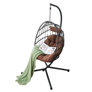 Imagem de CFMAIF Cadeira de vime de vime de vime para pátio, cadeira de ovo para ambientes internos/externos com suporte, cadeira de rede para quarto, varanda, jardim (preto marrom)