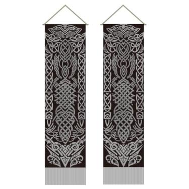 Imagem de AHANDMAKER 2 peças de tapeçaria de sinal vikings, mitologia retrô, tapeçaria vertical longa, tapeçaria de parede, mitologia runa, borla, tapeçarias de parede para quarto, sala de estar, decoração de