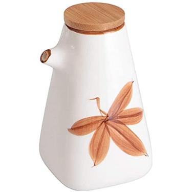 Imagem de 3FLQOOPP Dispensador de azeite de oliva e vinagre, conjunto de garrafas de cerâmica e bico de despejador, decantador de galheteiro com tampa de madeira, recipiente de condimento líquido e design sem