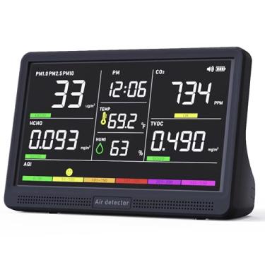 Imagem de Monitor profissional de qualidade do ar interno com 7 alarmes AQI, detector portátil 16 em 1 em tempo real para PM2.5 | PM10 | CO2 | TVOC | HCHO | Temp | Zumbido para casa, carros, plantas, animais de